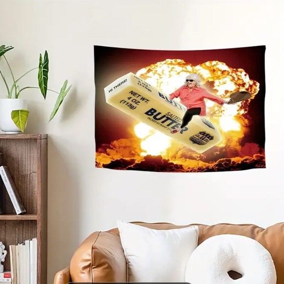 Hilarious Tapestry Stick of Butter in Flames Meme Silly Funny Wall Hanging New - Picture 1 of 4